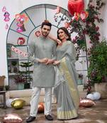 Sumitra grey silk couple wear saree with kurta