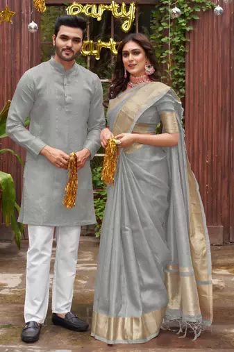 Sumitra grey silk couple wear saree with kurta