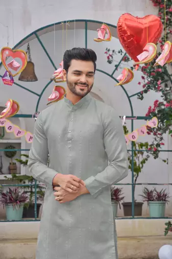 Sumitra grey silk couple wear saree with kurta