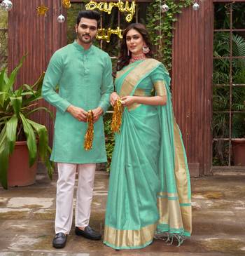 Sumitra teal blue silk couple wear saree with kurta 1