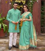 Sumitra teal blue silk couple wear saree with kurta