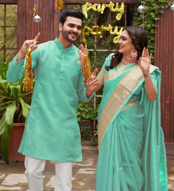 Sumitra teal blue silk couple wear saree with kurta 2