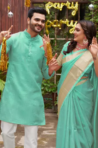 Sumitra teal blue silk couple wear saree with kurta