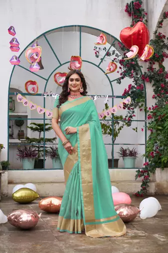 Sumitra teal blue silk couple wear saree with kurta