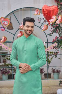 Sumitra teal blue silk couple wear saree with kurta 5