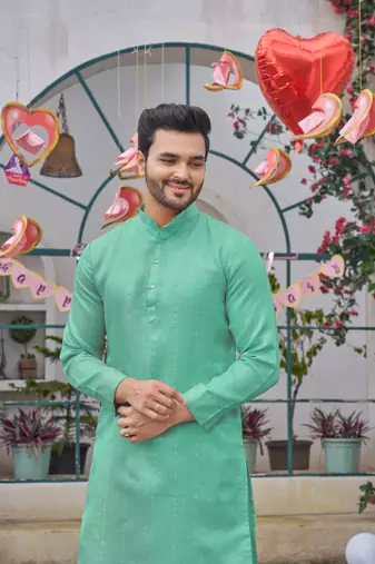 Sumitra teal blue silk couple wear saree with kurta