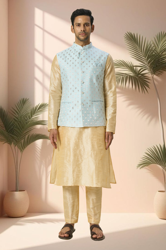 Blue jacket kurta for men"s