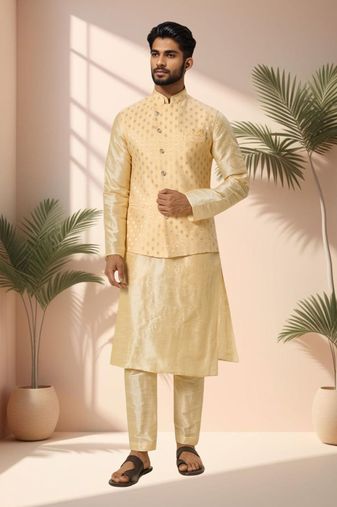 Orange jacket kurta for men"s