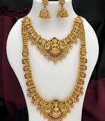 Premium goddess lakshmi temple jewelry long necklace set- antique gold bridal haaram with multi-colored gemstone accents