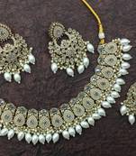 Royal pearl kundan choker necklace set with maang tikka - gold-plated bridal wedding jewelry collection