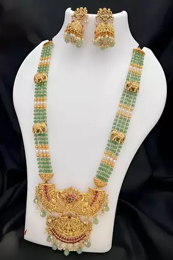 Temple design gold-plated beaded necklace & earring set with green gemstones - traditional handcrafted ethnic jewelry
