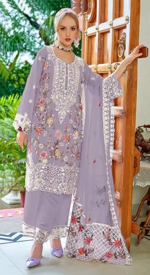 Light lavender faux georgette sequin embroidered semi-stitched salwar suit 1