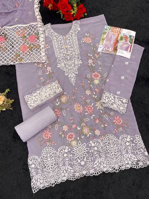 Light lavender faux georgette sequin embroidered semi-stitched salwar suit 2