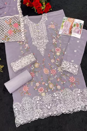 Light lavender faux georgette sequin embroidered semi-stitched salwar suit