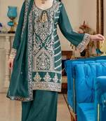 Teal green vichitra simar with embroidery codding sequence semi-stitched salwar suit