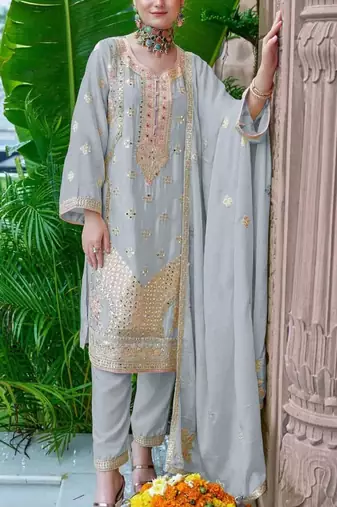 Grey chinon with embroidery codding sequence semi-stitched salwar suit