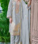 Grey chinon with embroidery codding sequence semi-stitched salwar suit
