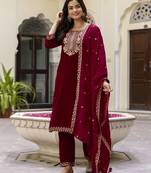 Velvet Embroidery Festive Salwar Suit Set Kurta Pant with Dupatta