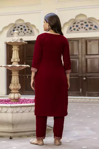 Trendmalls Velvet Embroidery Festive Salwar Suit Set Kurta Pant with Dupatta
