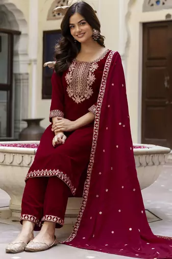 Trendmalls Velvet Embroidery Festive Salwar Suit Set Kurta Pant with Dupatta