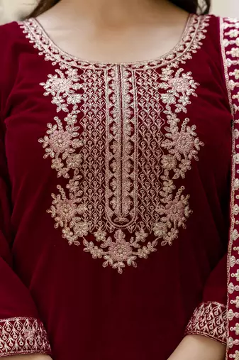 Trendmalls Velvet Embroidery Festive Salwar Suit Set Kurta Pant with Dupatta