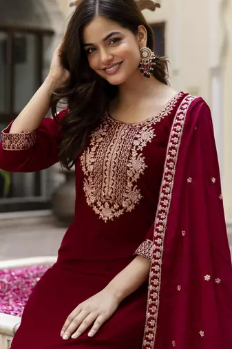 Trendmalls Velvet Embroidery Festive Salwar Suit Set Kurta Pant with Dupatta