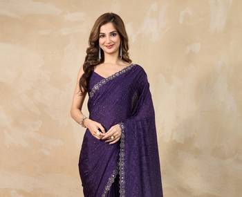 Purple Art Silk Swarovski Mirror Work Saree with Unstitch Blouse Piece  1