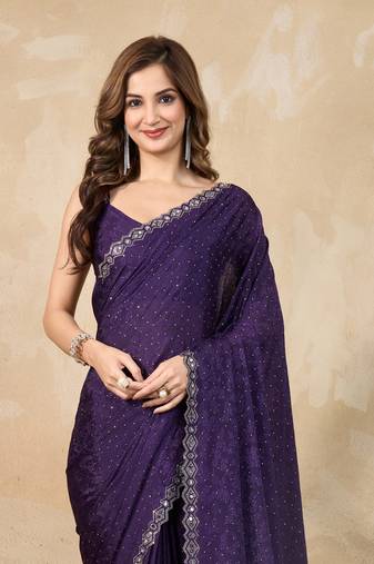 Purple Art Silk Swarovski Mirror Work Saree with Unstitch Blouse Piece 