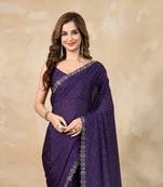Trendmalls Purple Art Silk Swarovski Mirror Work Saree with Unstitch Blouse Piece 