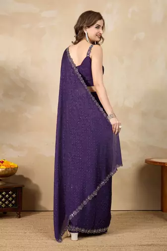 Trendmalls Purple Art Silk Swarovski Mirror Work Saree with Unstitch Blouse Piece 