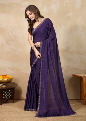 Purple Art Silk Swarovski Mirror Work Saree with Unstitch Blouse Piece  3