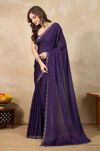 Trendmalls Purple Art Silk Swarovski Mirror Work Saree with Unstitch Blouse Piece 