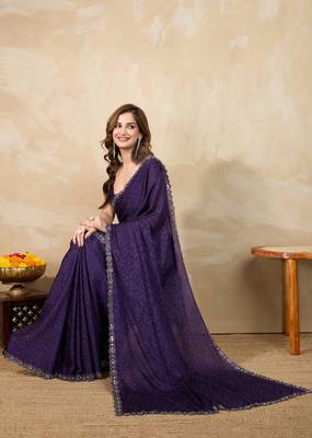 Purple Art Silk Swarovski Mirror Work Saree with Unstitch Blouse Piece  4