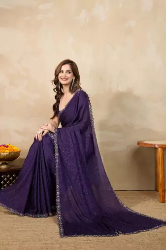 Trendmalls Purple Art Silk Swarovski Mirror Work Saree with Unstitch Blouse Piece 