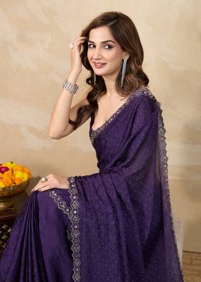 Purple Art Silk Swarovski Mirror Work Saree with Unstitch Blouse Piece  5