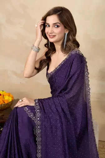 Trendmalls Purple Art Silk Swarovski Mirror Work Saree with Unstitch Blouse Piece 