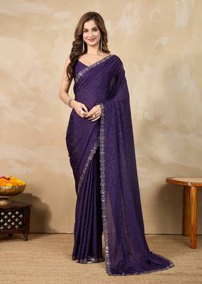Purple Art Silk Swarovski Mirror Work Saree with Unstitch Blouse Piece  6
