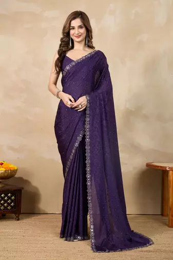Trendmalls Purple Art Silk Swarovski Mirror Work Saree with Unstitch Blouse Piece 