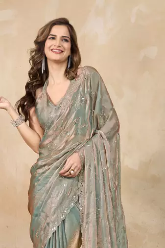 Trendmalls Sea green Satin Swarovski Mirror Work Saree with Unstitch Blouse Piece