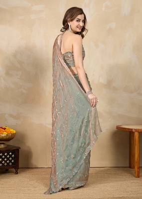 Trendmalls Sea green Satin Swarovski Mirror Work Saree with Unstitch Blouse Piece 3