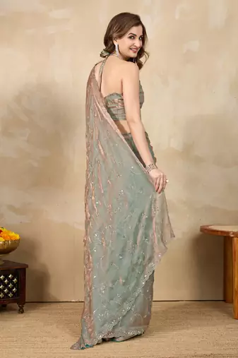 Trendmalls Sea green Satin Swarovski Mirror Work Saree with Unstitch Blouse Piece
