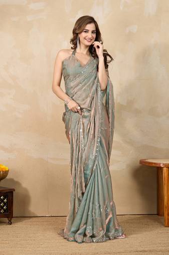 Sea green Satin Swarovski Mirror Work Saree with Unstitch Blouse Piece