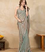 Sea green Satin Swarovski Mirror Work Saree with Unstitch Blouse Piece