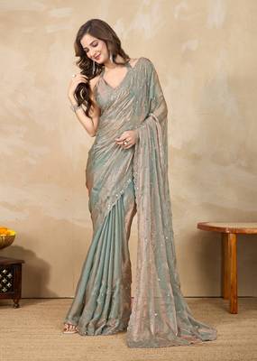 Trendmalls Sea green Satin Swarovski Mirror Work Saree with Unstitch Blouse Piece 4