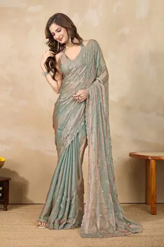 Trendmalls Sea green Satin Swarovski Mirror Work Saree with Unstitch Blouse Piece
