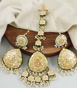 Meenakari White Quartz And Pearl Earrings with Mang Tikka Jewelry Set