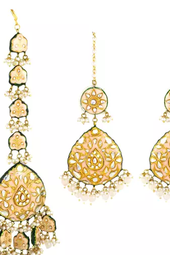 Meenakari White Quartz And Pearl Earrings with Mang Tikka Jewelry Set