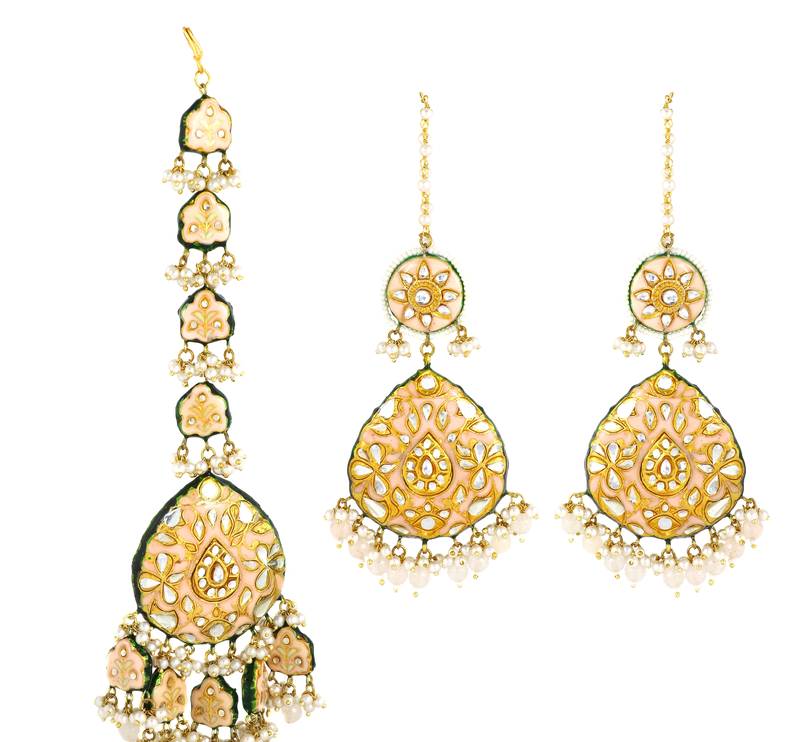 Meenakari White Quartz And Pearl Earrings with Mang Tikka Jewelry Set