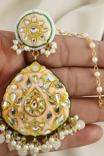Meenakari White Quartz And Pearl Earrings with Mang Tikka Jewelry Set