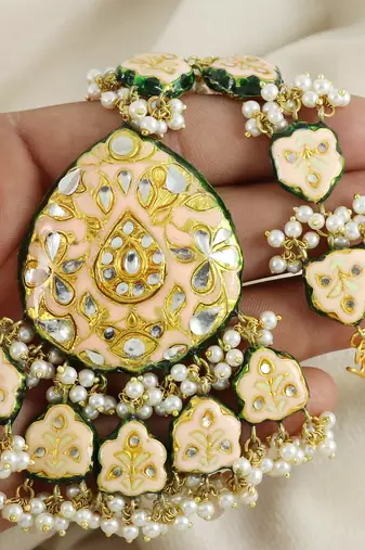Meenakari White Quartz And Pearl Earrings with Mang Tikka Jewelry Set